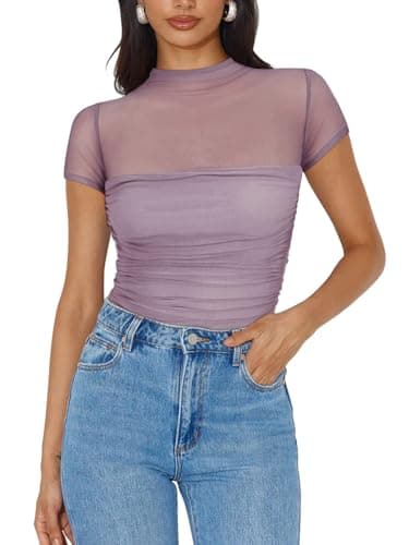 REORIA Sexy Bodysuits for Women Classic Mock Turtle Neck Short Sleeve Slim Fit Shirts Sheer Mesh Ruched Trendy Going Out Tops Cute Office Bodysuits Hazy Lilac Large - Image 4