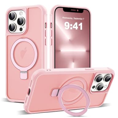 SKYLMW Compatible with iPhone 12 Pro Max Case & iPhone 13 Pro Max Case with Invisible Magnetic O-Ring Stand Translucent Phone Cases 6.7" [Compatible with Mag-Safe][Great Grip Feeling], Pink - Image 1