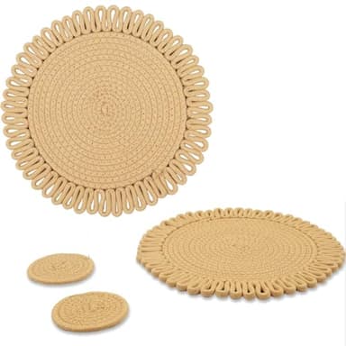 AHHFSMEI Round Woven Placemats Set of 6,13 inches Natural Cotton Blend Farmhouse Hand-Woven Place Mats Braided Rattan Table Mats for Dining Table(Light Brown Flower) - Image 4