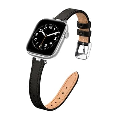 STIROLL Thin Leather Band Compatible with Apple Watch Bands 41mm 40mm 38mm 42mm(Series 11 10) Women, Stylish Top-Grain Leather Strap Slim Wristband for iWatch SE3/2/1 Series 9 8 7 6 5 4 3 2 1, Black/Silver - Image 1