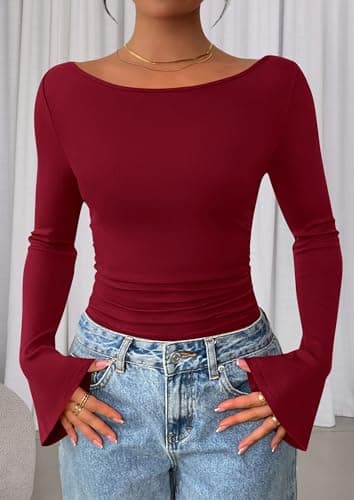 PRETTYGARDEN Women's Long Sleeve Shirts 2025 Fall Crop Going Out Tops Casual Boat Neck Bell Sleeve Ribbed Ruched Y2K Clothes (Burgundy,Large) - Image 7