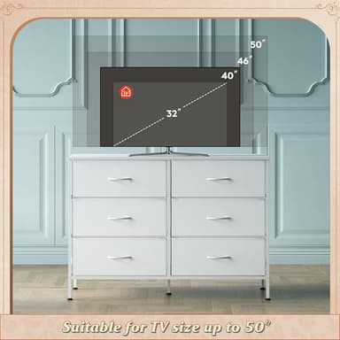 WLIVE Wide Dresser with 6 Drawers, TV Stand for 50" TV, Entertainment Center with Metal Frame, Wooden Top, Fabric Storage Dresser for Bedroom, Hallway, Entryway, White - Image 5