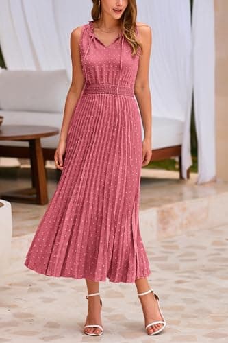 PRETTYGARDEN Women's Midi Summer Dresses Casual V Neck Swiss Dot Ruffle Sleeveless A Line Beach Sun Dress (Bean Paste Red,X-Large) - Image 3