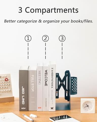 Kingsmile Book Ends, Adjustable Bookends for Shelves, Metal Bookends for Heavy Books, Book Stopper Organzier with Pen Holder for Desk, Kids Room, Office, Classroom, Library, Study Room.(Blue) - Image 3
