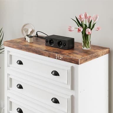 LIKIMIO 43" Tall 5 Drawers Dresser for Bedroom, Power Strip, Farmhouse Large Wood Dressers & Chest of Drawers with Wide Storage Cabinet, White - Image 4