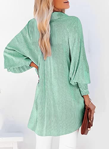 Womens Smocked Cuffed Striped Boyfriend Shirt Casual Collar Long Sleeve Oversized Button Down Blouse Tops with Pocket Shirred Green - Image 2