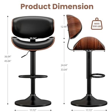 YaFiti Swivel Bar Stools Set of 2 for Kitchen Counter, Adjustable Bentwood Barstools, Modern PU Leather Upholstered Bar Chair with Back and Footrest, for Bar, Kitchen, Dining Room, Black - Image 3