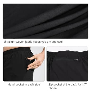 baleaf Men's 5 Inches Running Athletic Shorts Zipper Pocket No Lining for Workout Gym Sports Black Size L - Image 3