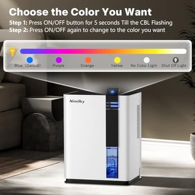 NineSky Dehumidifier for home, 98 OZ Dehumidifier for Room, Dehumidifiers for Bathroom, Bedroom, Basement (800 sq. ft.) with Auto Shut Off, 5 Colors LED Light(H2 White) - Image 6