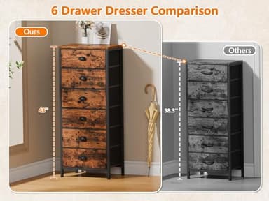Furnulem Tall Dresser with 6 Drawers,Vertical End Table and Nightstand for Bedroom,Industrial Dorm Bedside Furniture with Fabric Storage Drawer Organizer in Living Room,Closet,Entryway(Rustic Brown) - Image 3