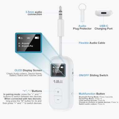 1Mii Airplane Bluetooth 5.3 Adapter for 2 Wireless Headphones, Support AD/LL/HD, 3.5mm AUX Bluetooth Audio Transmitter for TV/PC/Airplane/Gym, 25H Playtime, Essential for Airplane Travel - Image 7