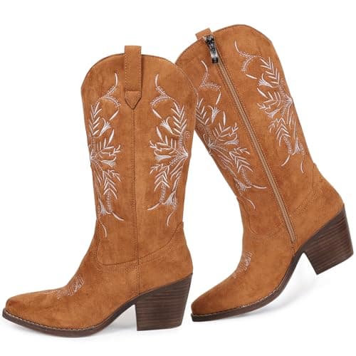 gioanroca Cowboy Boots for Women Classic Embroidered Pointy Toe Cowgirl Boot, Western Mid Calf Side Zipper Chunky Heel Cowgirl Boots - Image 1