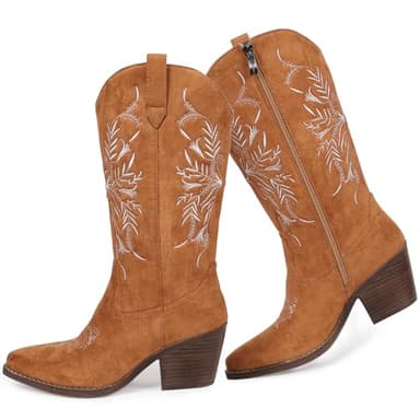 gioanroca Cowboy Boots for Women Classic Embroidered Pointy Toe Cowgirl Boot, Western Mid Calf Side Zipper Chunky Heel Cowgirl Boots - Image 1