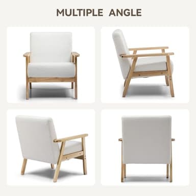 COMHOMA Mid Century Modern Accent Chair, Upholstered Living Room Chairs with Solid Wood Armrest, Comfy Reading Armchair for Bedroom, Sunroom, Balcony (Straight Armrests, White) - Image 4