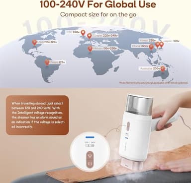 Newbealer Dual Voltage Garment Steamer - 120V/220V, 1200W Powerful Steamer for Clothes, Home & Travel Use, Horizontal & Vertical Steaming, 20s Heat-up, Foldable, 1.72lbs, 180ml (Gold) - Image 7