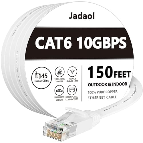 Jadaol Cat 6 Ethernet Cable 150ft (45.72m), Outdoor & Indoor, 10Gbps Support Cat 8 Cat 7 Network, Long Flat Internet Lan Patch Cord, Cat6 High Speed Weatherproof Cable for Router, Modem, Switch, White - Image 1