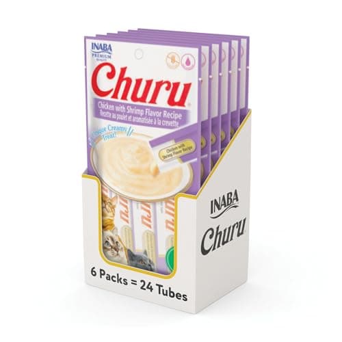 INABA Churu Cat Treats, Grain-Free, Lickable, Squeezable Creamy Purée Cat Treat/Topper with Vitamin E & Taurine, 0.5 Ounces Each Tube, 24 Tubes (4 per Pack), Chicken with Shrimp Recipe - Image 1