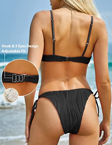 ZAFUL Underwire Bikini Sets for Women Back Clasp Bikinis Side Tie String Ribbed Two Piece Swimsuits Black M - Image 3