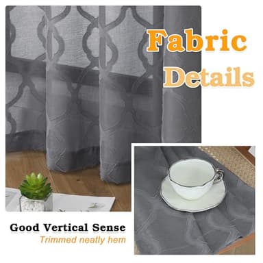 OWENIE Grey Sheer Curtains 63 Inch Length 2 Panels Set for Living Room Bedroom, Light Filtering Geometric Jacquard Clip Textured Short Semi Sheer Curtains, Modern Curtains Drapes, Each 42x63 inch - Image 4