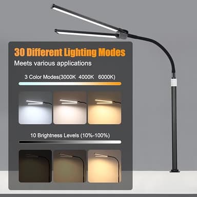 LED Desk Lamp for Office, Eye-Caring Desk Light with 3 Color Modes 10 Brightness, Adjustable Flexible Gooseneck and Retractable pole, 18W DC12V Desk Lamp with Clamp for Reading, Study, Workbench - Image 3
