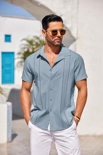 COOFANDY Button Down Shirts for Men Short-Sleeve Solid Linen Shirt Casual Summer Beach Shirt Blue - Image 4