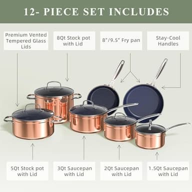 Nuwave Healthy Duralon Blue Ceramic Nonstick Cookware Set, Diamond Infused Scratch-Resistant, PFAS Free, Dishwasher & Oven Safe, Induction Ready & Evenly Heats,Tempered Glass Lids & Stay-Cool Handles - Image 9