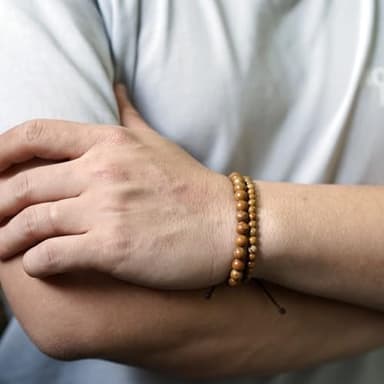 2 Pcs Natural Gemstone Beaded（4mm/6mm）Healing Jewelry，Handmade Adjustable Bracelet for Man Women,Matching Bead Couple Bracelets for Boyfriend Girlfriend (Wood-Grain Yellow) - Image 3