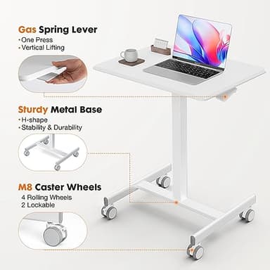 Sweetcrispy Mobile Small Standing Desk - Sit Stand Portable Rolling Laptop Desk with Lockable Wheels, Adjustable Height Computer Workstations, White - Image 5