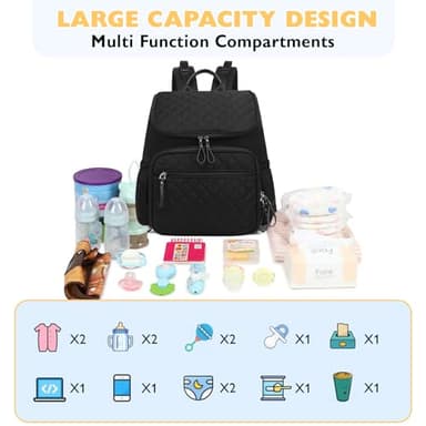 LORADI Large Capacity Diaper Bag Backpack with Stroller Buckle, Water-Resistant Travel Baby Bag with Insulated Pockets (Nylon, Black) - Image 3