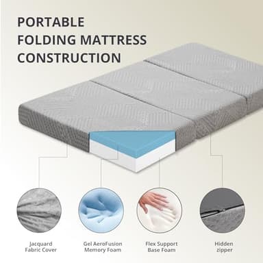 CH CHARME HOUSE Folding Mattress, 4 Inch Single Tri Folding Memory Foam Mattress for Camping Guest Bed, Washable Cover & Non-Slip Bottom, 75" x 25" x 4", Grey - Image 4