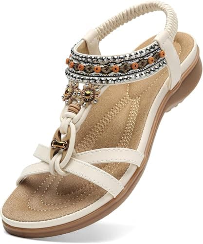 Littleplum Womens Sandals Arch Support Bohemian T-Strap Flower Rhinestone Sandals Women's Non Slip Summer Beach Flat Sandals Cream White Size 7 - Image 1