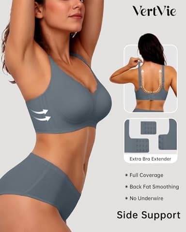 Vertvie Womens Seamless Bras No Underwire Supportive Wireless Push Up Full Coverage Bralette Comfort Scalloped T-Shirt Bra(Grey Blue,Medium) - Image 3