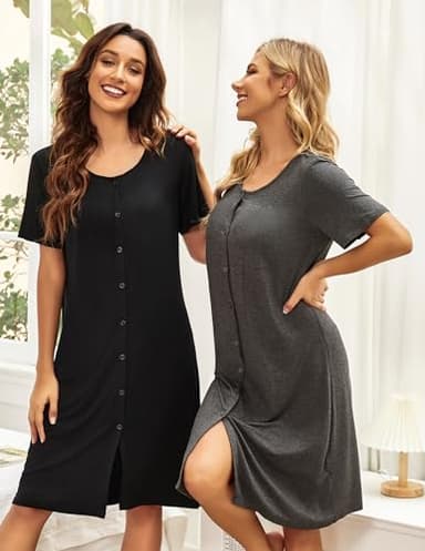 Ekouaer 3 Pack Nightgown for Women Button Down Sleepshirt Short Sleeve Nightshirt V Neck Pajamas Dress Soft Nightdress - Image 2