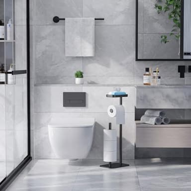 Kitsure Toilet Paper Holder Free Standing – Rustproof Metal Toilet Paper Stand for 4 Rolls with Anti-Slip Base and Shelf for Phone & Small Items, Bathroom Organizers and Storage, Medium, Black - Image 2