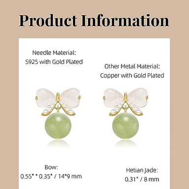 LOOYUUPEE Natural Hetian Jade Bow Earrings, Dainty Green Real Jade Charm Pendant Jewelry Studs, Handmade Ear Stud Earrings Hoop Earrings for Women (925 Sterling Silver with Gold Plated) - Image 2