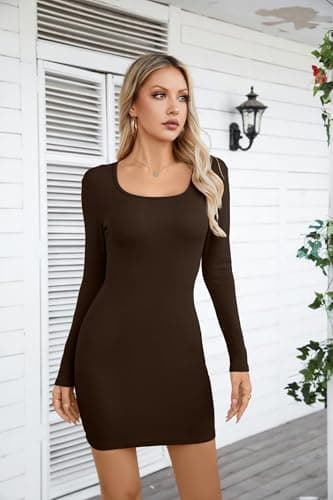 VICHYIE Women Dress Square Neck Bodycon Ribbed Long Sleeve Tight Fall Mid Thigh Pencil Above Knee Mini Dresses Coffee M - Image 2