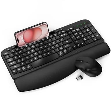 Wireless Keyboard and Mouse Combo, Wave Keys Computer Ergonomic Keyboard with Cushioned Plam Rest, Phone Holder, 2.4GHz Silent 6 Button Wireless Mouse Set for Laptop, PC, Windows, Mac (Black) - Image 1