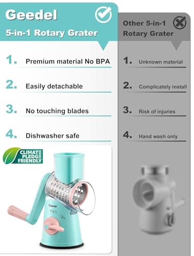 Geedel Rotary Cheese Grater Cheese Shredder - Upgraded 5-in-1 Cheese Grater with Handle and Strong Suction Base, Multi-purpose Vegetable Slicer Ice Shaver Nuts Grinder for Ice, Vegetables, Fruit, Nuts - Image 2