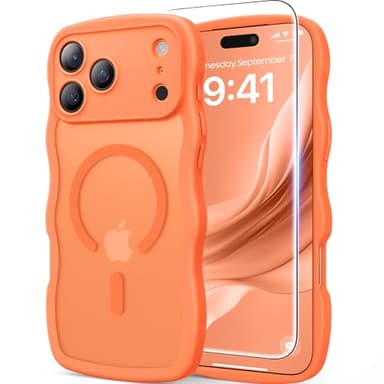 3 in 1 Magnetic for iPhone 17 Pro Max Case, Cute Wavy [Full Camera Protection][Fit for MagSafe] 1X Screen Protector+1X Wrist Strap, Anti-Slip Trendy Women Girly Case for iPhone 17 Pro Max 6.9", Orange - Image 1