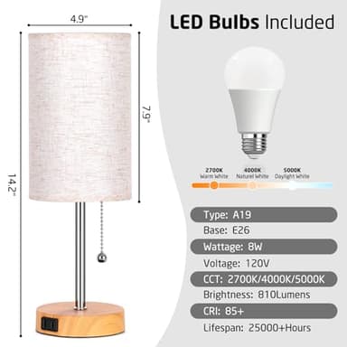 Set of 2 Table Lamps for Bedroom, 2700K/4000K/5000K Bedside Lamp Nightstand Lamp with Pull Chain and AC Outlet, Table Lamp for Living Room Reading Kids Room Wood Grain (8W LED Bulbs Included). - Image 3