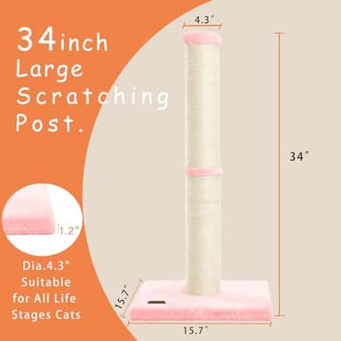 Karolpar 34inch Cat Scratching Post with Natural Sisal Rope 4.3Inch Large Diameter Scratcher Post Tree for Indoor Cats Pink - Image 2