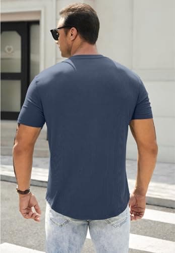 JMIERR Mens Muscle Slim Fit Button Henley Shirts Summer Crewneck Short Sleeve Longline Fitted T-Shirt Gym Workout Athletic Tees Shirt for Men, L, Blue1 - Image 2