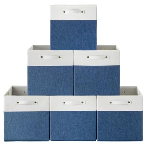 VQRTEXA 13 x 13 Inch Fabric Storage Cube Bins, 6 Pack Fine Linen Storage Boxes with Handles, Collapsible Basket Organizers for Shelves (White/Blue) - Image 1