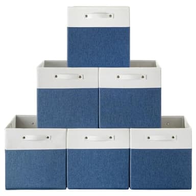 VQRTEXA 13 x 13 Inch Fabric Storage Cube Bins, 6 Pack Fine Linen Storage Boxes with Handles, Collapsible Basket Organizers for Shelves (White/Blue) - Image 1