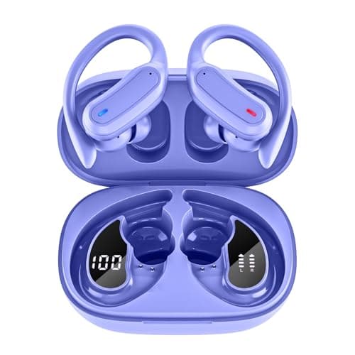 TRAUSI Wireless Earbuds Bluetooth Headphones, Bluetooth 5.3 Stereo Over Ear Buds,Noise Cancelling Mic, IPX7 Waterproof Headset for Workout/Running - Purple - Image 1