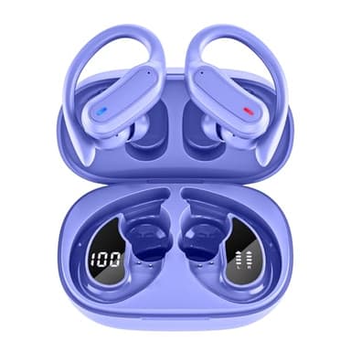 TRAUSI Wireless Earbuds Bluetooth Headphones, Bluetooth 5.3 Stereo Over Ear Buds,Noise Cancelling Mic, IPX7 Waterproof Headset for Workout/Running - Purple - Image 1