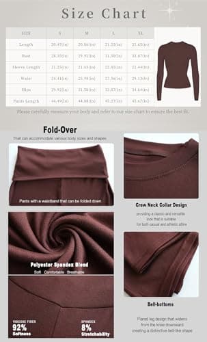 Women's 2 Piece Casual Outfits Pajama Slim Fit Long Sleeve Top Fold-Over Bell Bottoms Cotton Jersey Set Coffee - Image 2