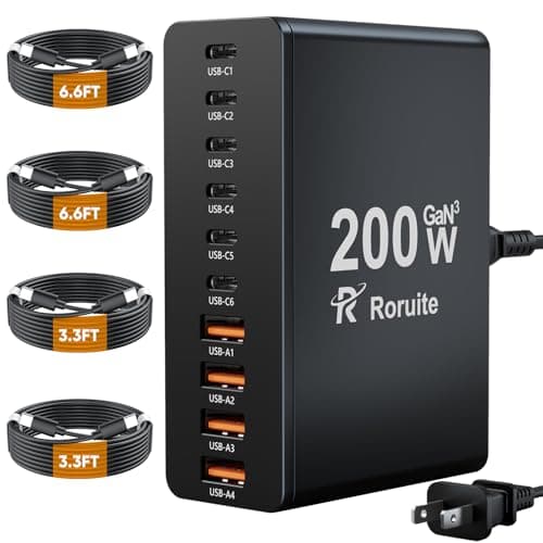 USB C Charging Station 10 Port with 4 USB Cables, 200W GaN Type C Charger Block, Wall Charger Power Strip Adapter Plug for iPad iPhone16 15 14 13 12 Pro Max Pixel Note Galaxy