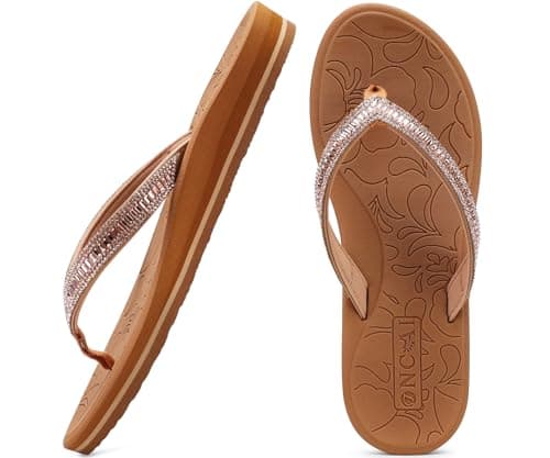 ONCAI Women's Flip Flops with Rhinestone, Arch Support Yoga Mat Comfort Walking Thong Sandal Summer Beach Outdoor Dressy Sandals for Women 2025 Walking Ladies Sandal Rubber Sole Khaki Size 9 - Image 1