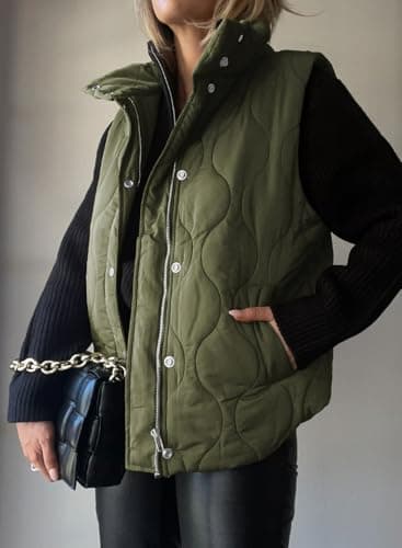 EVALESS Cute Cropped Puffer Vest Women Lightweight Quilted Stand Collar Sleeveless Jackets Fall Winter 2025 Button Zip Up Jacket Warm Coat Outerwear with Pockets Green Medium - Image 3